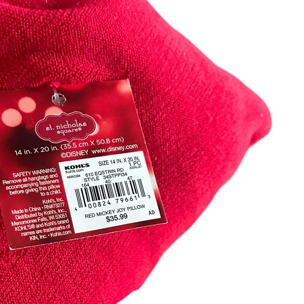 ••NWT St. Nicholas Square Red Mickey Joy Pillow Red White Gold Lumbar Christmas